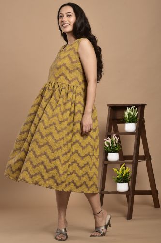 Mustard and Brown Printed A-Line Casual Sleeveless Kurti