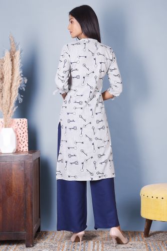 Grey & Blue Printed A-Line Kurta