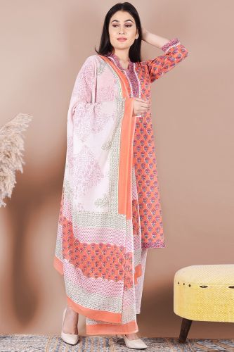 Peach and White Cotton Printed Straight-Fit Kurta Palazzo with Dupatta