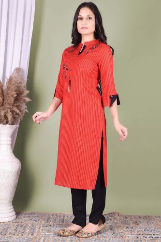 Red Striped Printed And Embroidered Kurta With Solid Black Pant