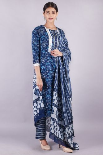 Blue Printed Kurta Set with Palazzo and Dupatta