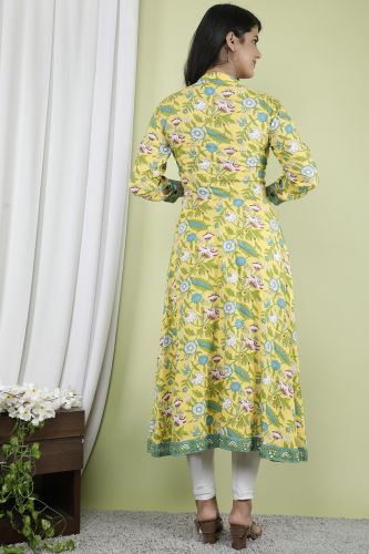 Mustard floral Printed A-Line Flared Cotton Kurta