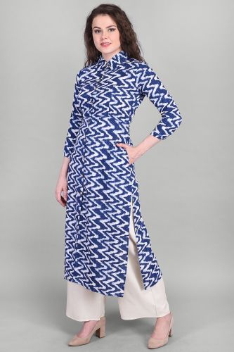 Shirt Style Women's Rayon Indigo Blue Printed Straight Kurta