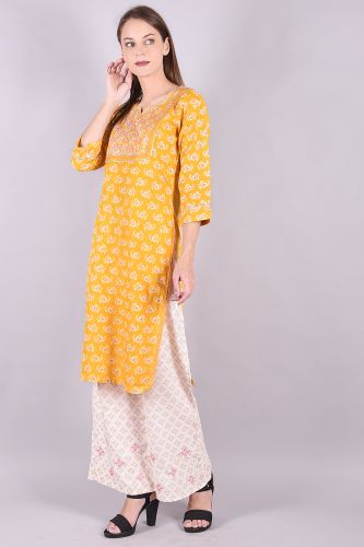 Mustard Embroidered Printed Kurta With Palazzo Set