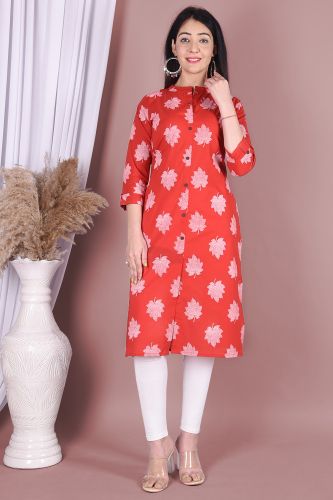 Red Leaf Print Straight Rayon Kurta