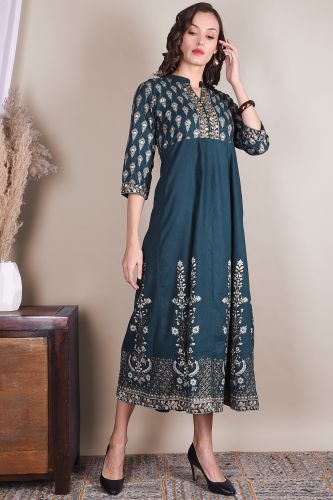 Premium Gold Printed Blue Rayon Kurta 