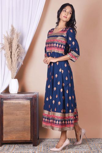 Royal Blue & Golden Printed Rayon A-Line Kurta