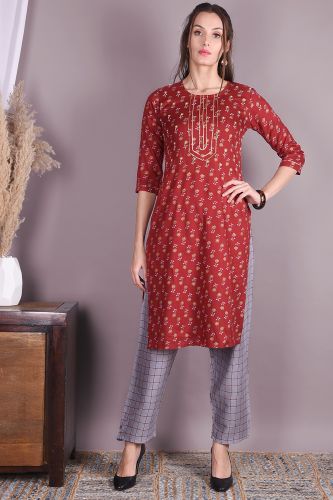 Red Printed rayon Kurta With Grey Checkered Pant