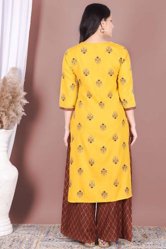 Mustard Printed Kurta With Dark Brown Printed Palazzo 