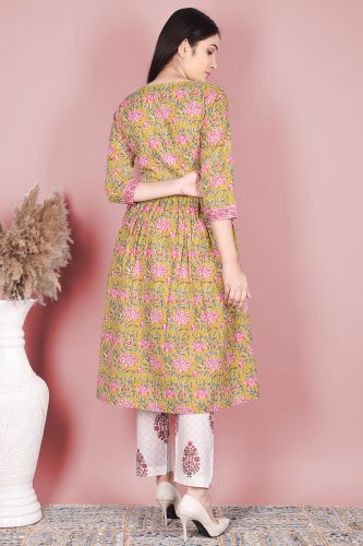 Premium Cotton Multicolor Floral Printed A-Line Kurta with Printed Palazzo & Dupatta