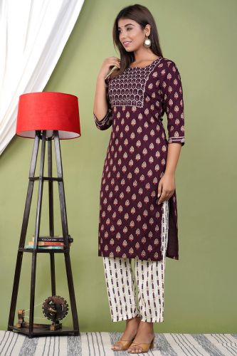 Magenta Embroidered Straight Kurta With Printed Palazzo