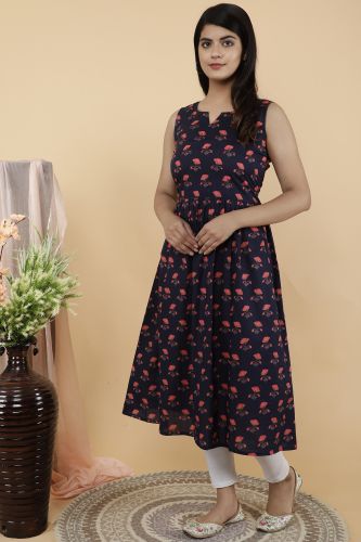 Navy Blue Floral Printed A-Line Flared Sleeveless Cotton Kurta