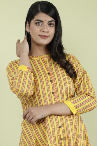 Yellow Strips Printed A-Line Flared Cotton Kurta