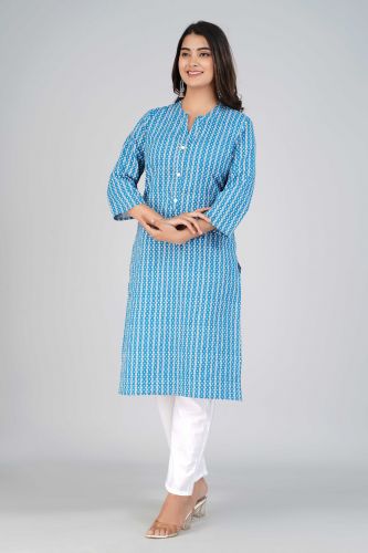 Blue Striped Printed Straight Cotton Kurta