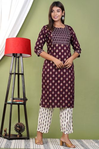 Magenta Embroidered Straight Kurta With Printed Palazzo