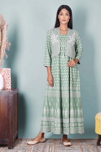 Light Green Printed Long Rayon Kurta with Embroidered Jacket