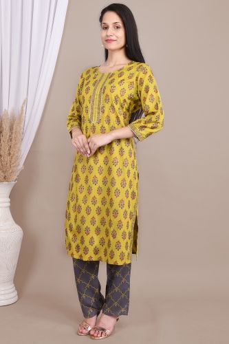 Mustard Rayon Ethnic Printed Kurta With Palazzo