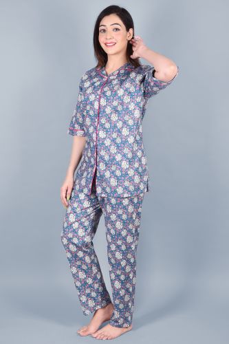 Blue Printed Cotton Night Suit