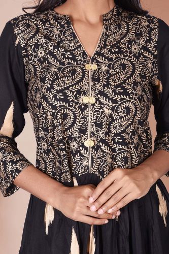 Gold Printed Black Rayon Kurta 