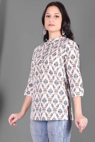 White & Golden Ethnic Printed Cotton Top