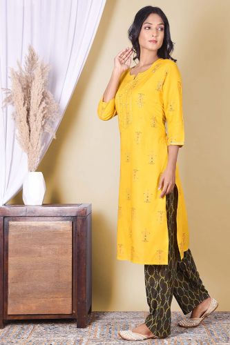 Mustard Printed Handwork Kurta With Printed Palazzo