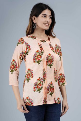 Peach Ethnic Printed Pleated Rayon Top