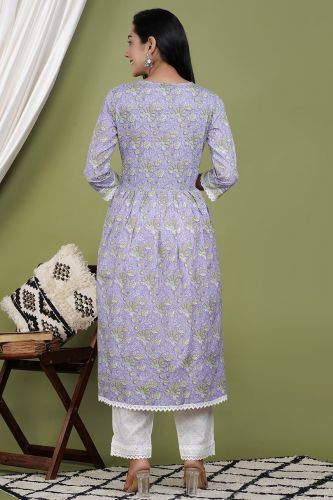 Lavender A-Line Cotton Kurta with Palazzo & Dupatta