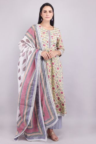 Lemon Yellow & Pink Printed Kurta Palazzo and Dupatta
