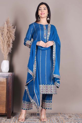 Blue Ethnic Kurta with Palazzo Pants and a Dupatta with Heavy Embroidery