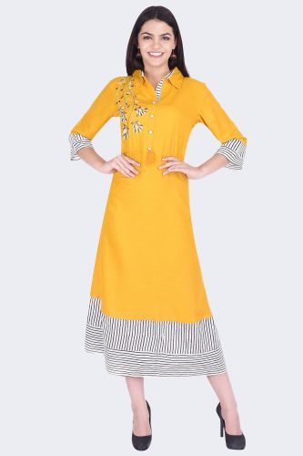 Embroidered Mustard Shirt Style Kurta