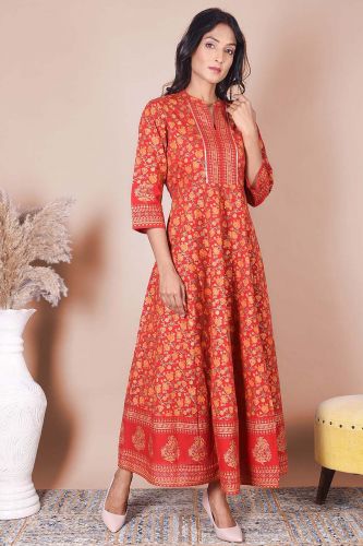 Red and Golden Printed Long A-Line Rayon Kurta