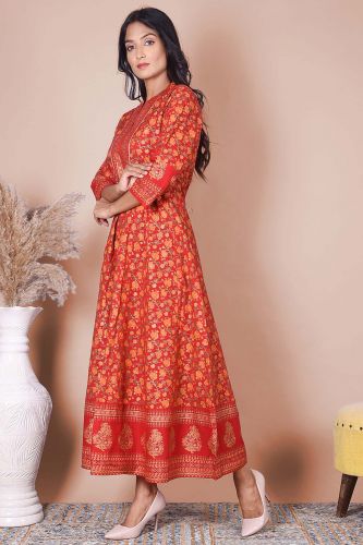 Red and Golden Printed Long A-Line Rayon Kurta