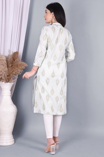Light Green Gold Printed Cotton Kurti with Lace Work