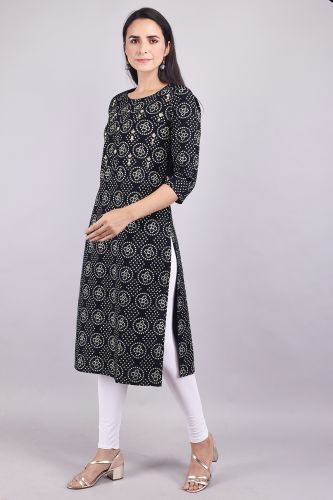 Printed Black Kurta/Kurti with Embellished Detailing