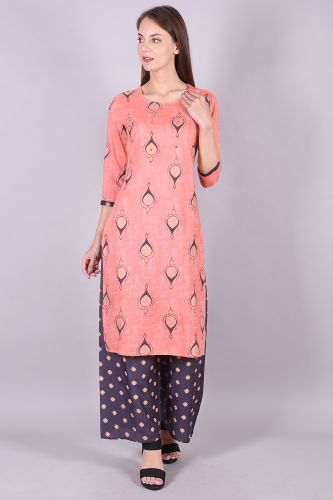 Peach Rayon Kurta With Handwork And Printed Palazzo