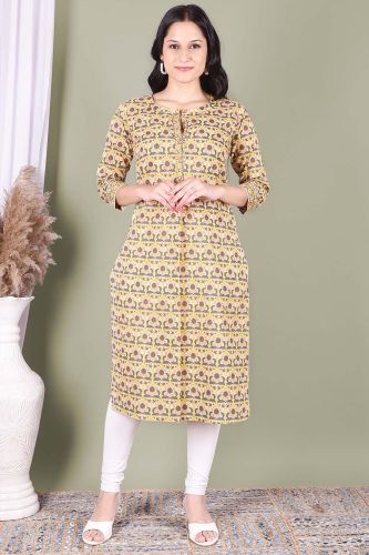 Yellow Printed Cotton Straight Kurta