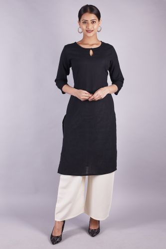 Black Color Cotton Kurti with Neck Button