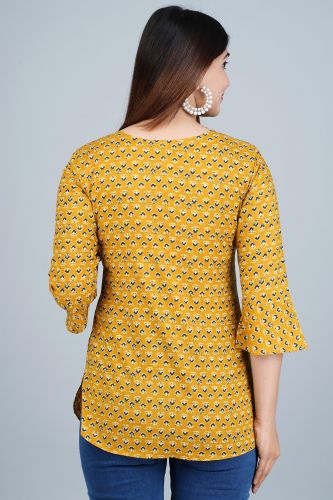 Mustard Ethnic Printed Casual Cotton Top