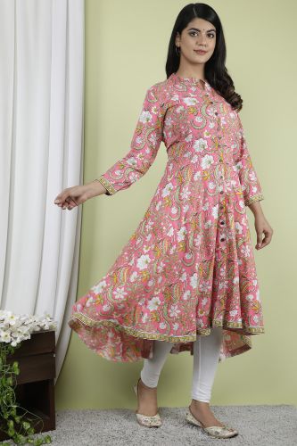 Pink Floral Printed A-Line Flared Cotton Kurta
