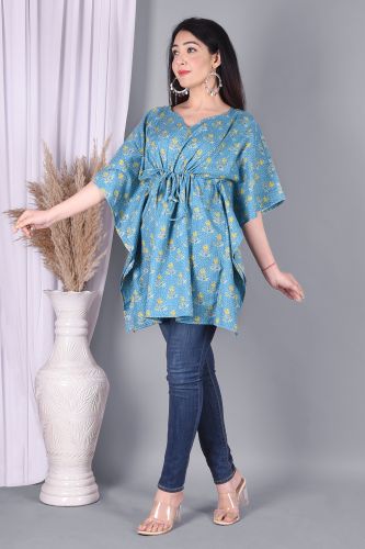 Blue Floral Printed Cotton Kaftan 