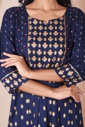 Blue and Golden Printed Rayon Kurta