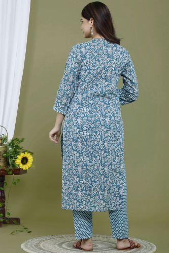 Teal Color Cotton Kurta Palazzo Pant and Dupatta Set