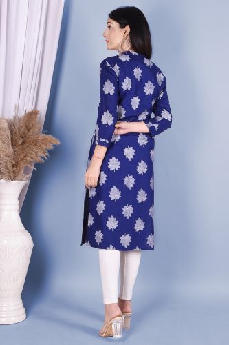 Royal Blue Leaf Print Straight Rayon Kurta