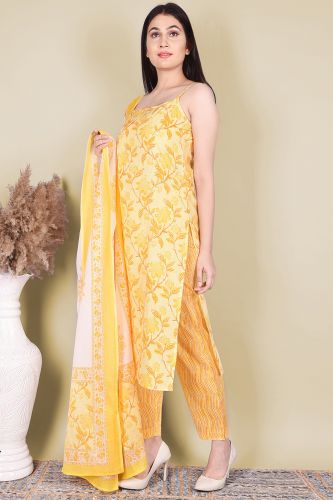 Yellow Printed with Sleeveless Cotton Kurta with Printed Pants and Dupatta