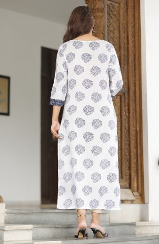 White Floral Printed Straight Rayon Kurta