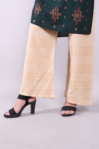 Handwork Printed Green Kurta With Beige Palazzo Set