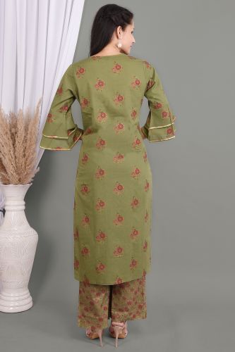 Green Lace Work Floral Printed Kurta With Palazzo