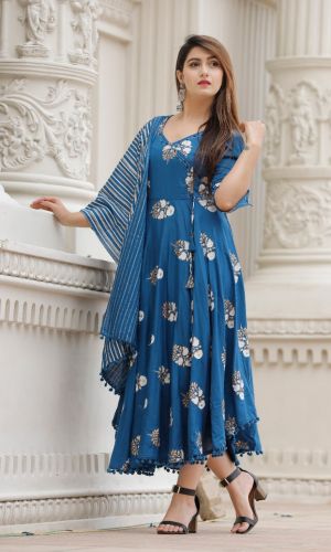 Royal Blue Floral Printed Anarkali Kurta With Striped Dupatta