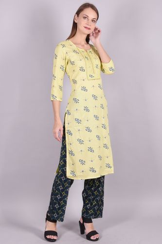 Yellow Printed Handwork Kurta With Palazzo Set