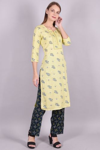 Yellow Printed Handwork Kurta With Palazzo Set